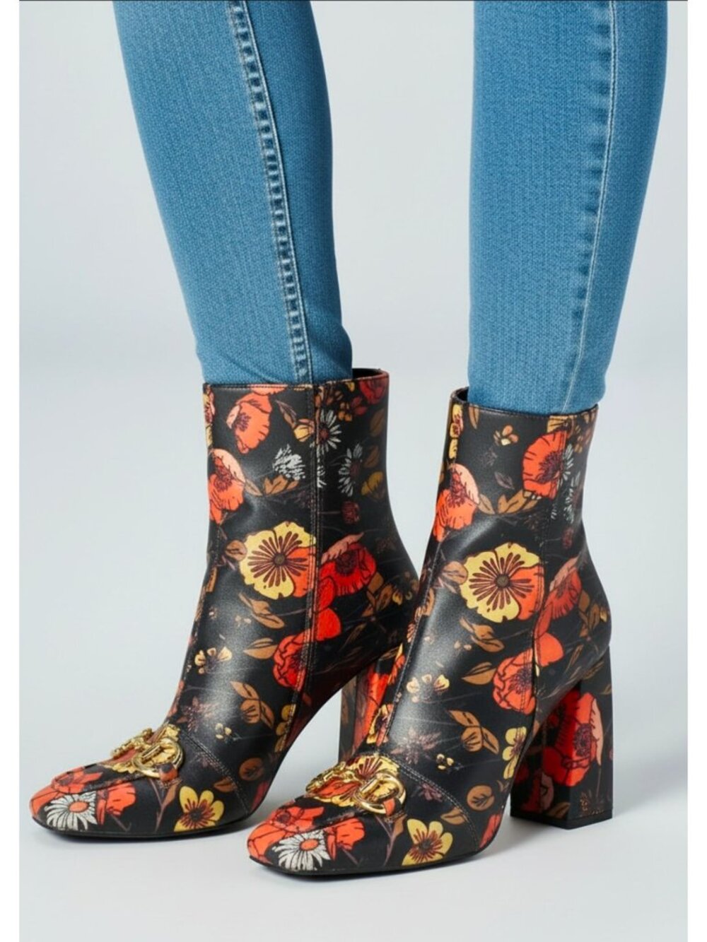 Floral Block Heel Ankle Boots With Gold Buckle Detailing